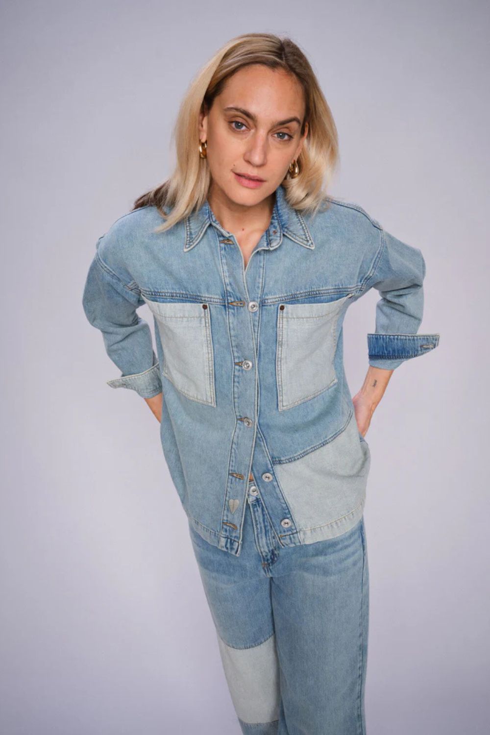 Mos Mosh I Lydia Block Shirt I Mid Blue
