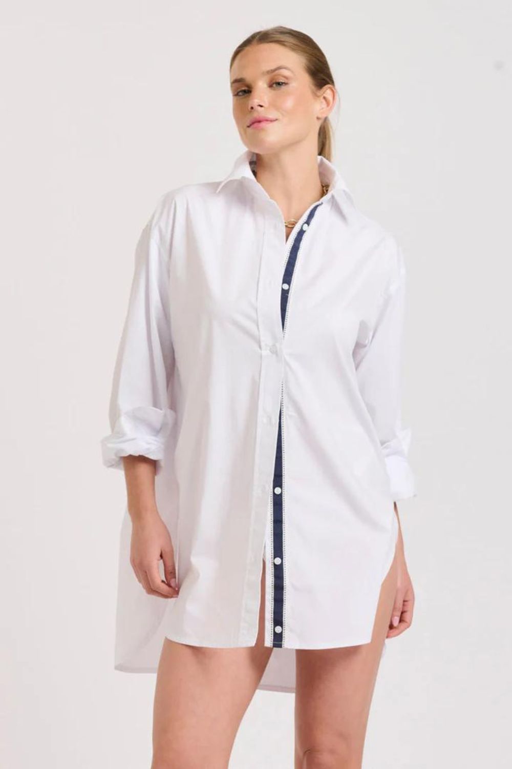 Shirty | The Boyfriend Shirt | White / Navy Trim