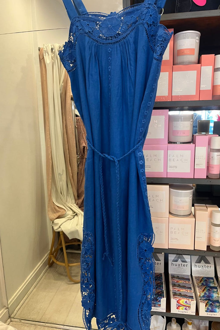 LOLA | Lido Linen & Lace Maxi Dress | Cornflower Blue