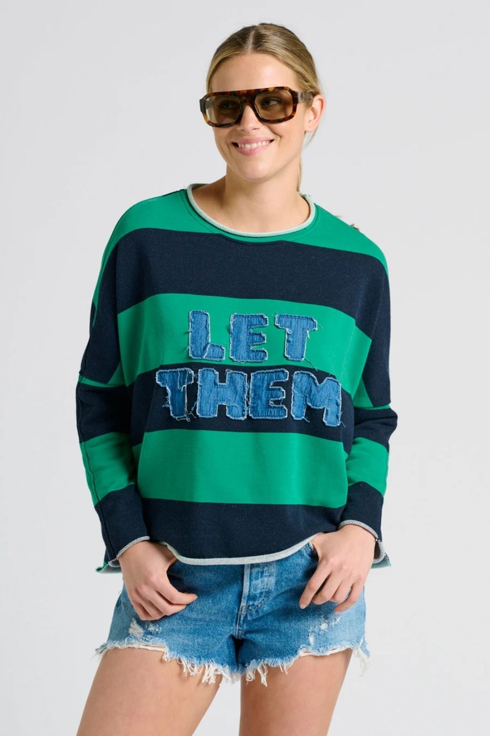 Shirty | Raw LET THEM Long Sleeve Sweatshirt | Green & Navy Stripe - Dutch Hideout