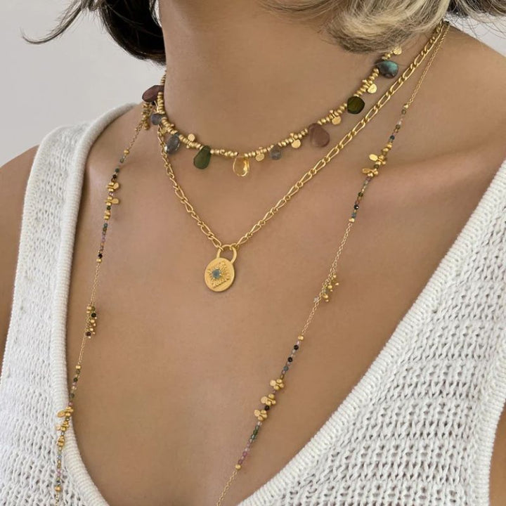 Ruby Teva | Long Multi Tourmaline Gold Charm Necklace