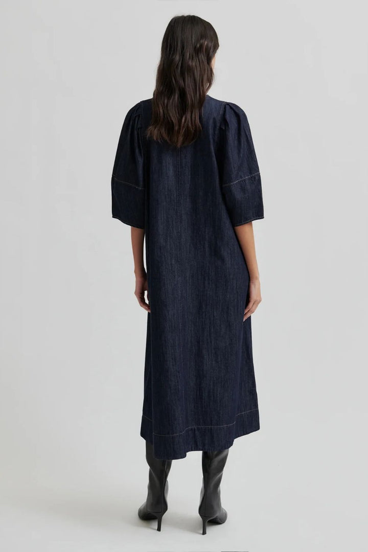 Second Female | Dera V Neck Denim Dress | Dark Blue Denim - Dutch Hideout