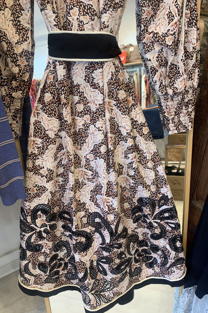 Once Was | Camille Viscose Linen Curved Hem Placement Embroidered Dress | Russet Palm - Dutch Hideout