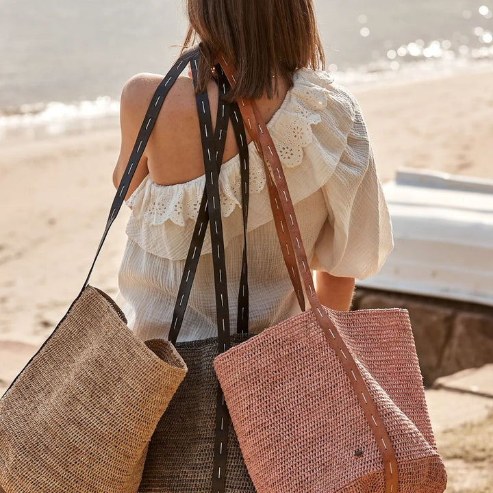 Made in Mada | Alice M Leather Stitch Bag | Light Pink & Natural Leather