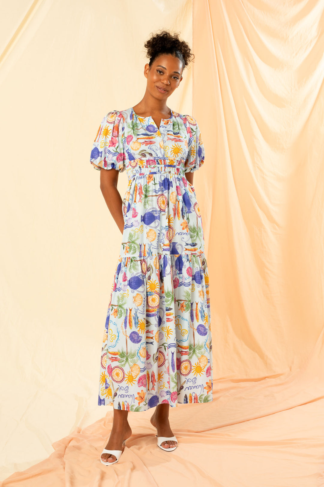 Kachel | Roma Shirred Waist Maxi Dress - Blu Holiday