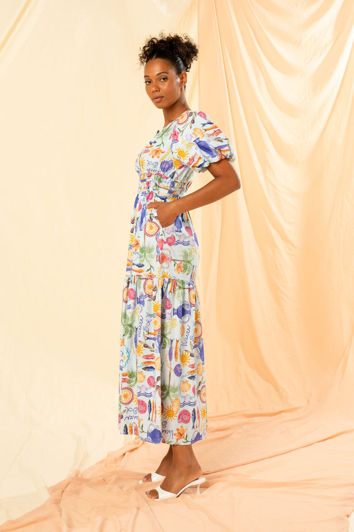 Kachel | Roma Shirred Waist Maxi Dress - Blu Holiday