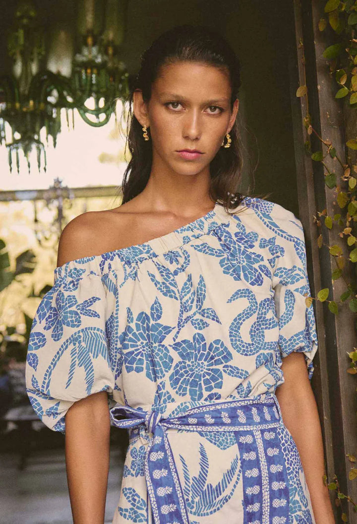 Once Was | Juno Viscose One Shoulder Top | Azure Mosaic