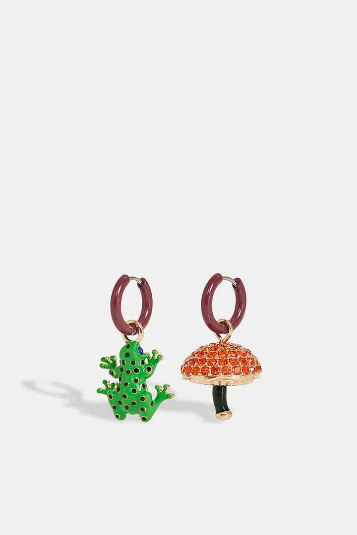 Essentiel Antwerp | Maroon Hoop Earrings with mushroom & frog pendants