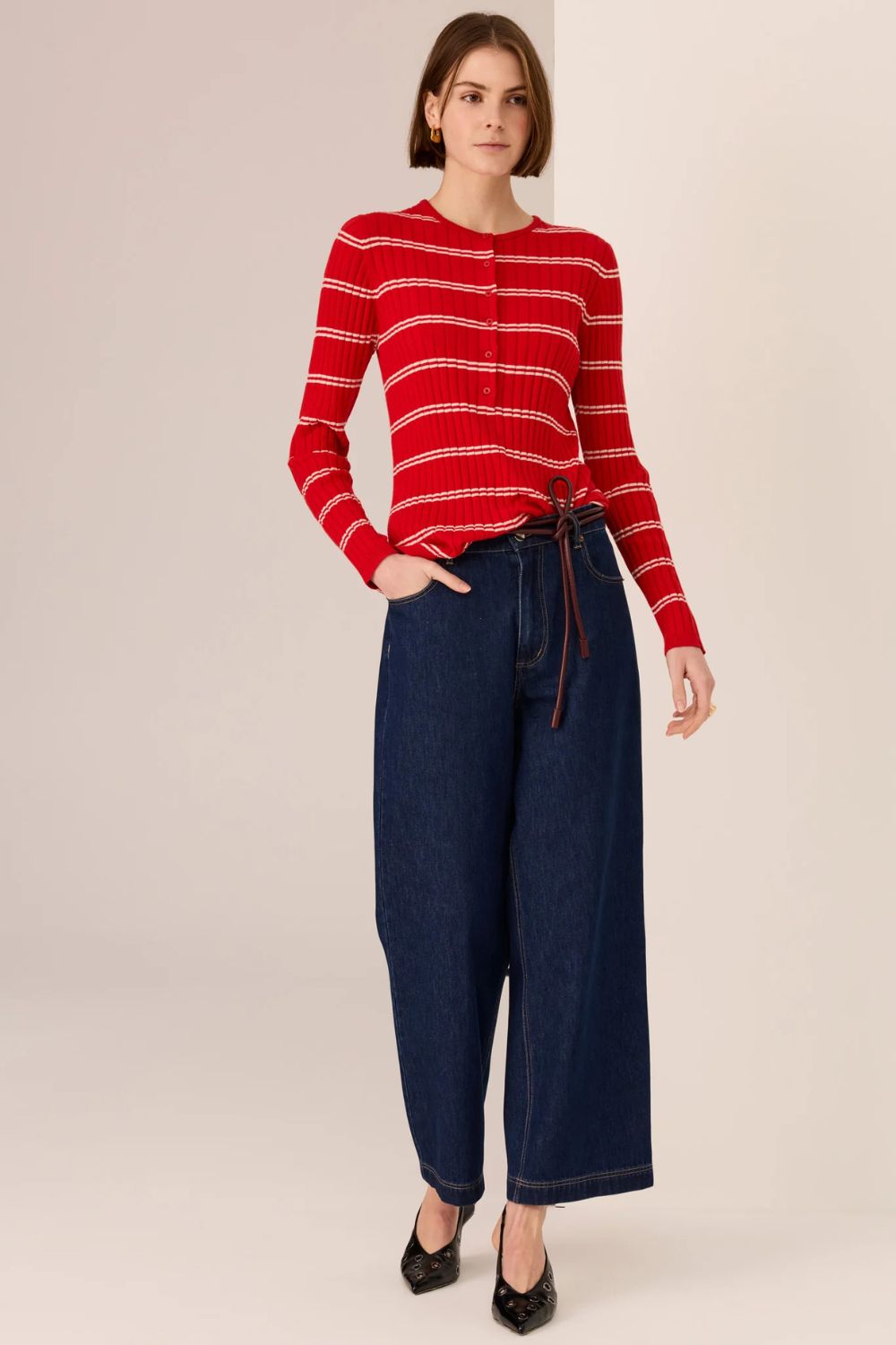 POL Clothing | Tate Henley Knit | Red / White - Dutch Hideout