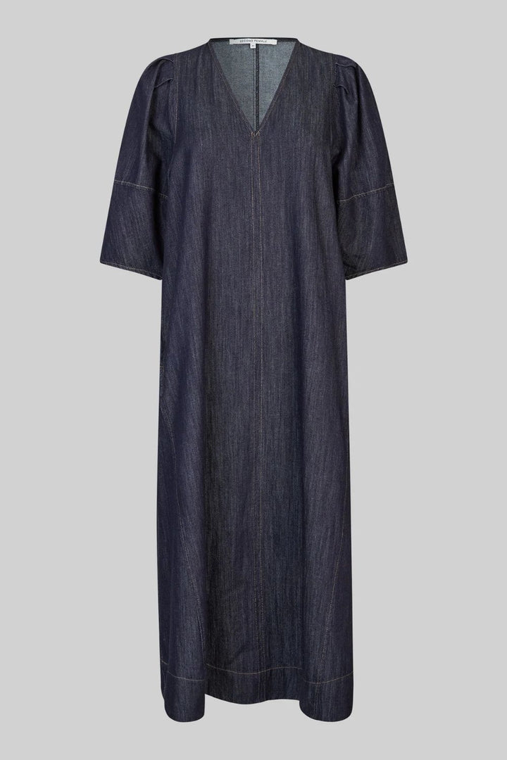 Second Female | Dera V Neck Denim Dress | Dark Blue Denim - Dutch Hideout