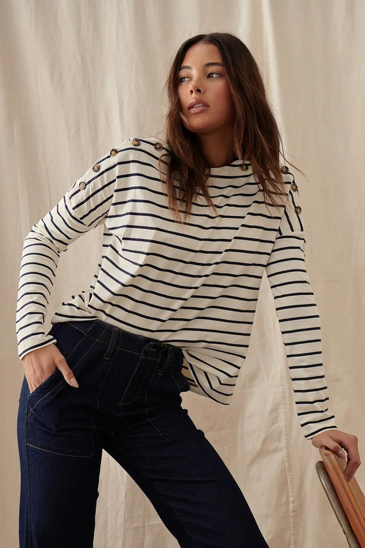 Kireina | Juliette Top | White with Navy Stipe