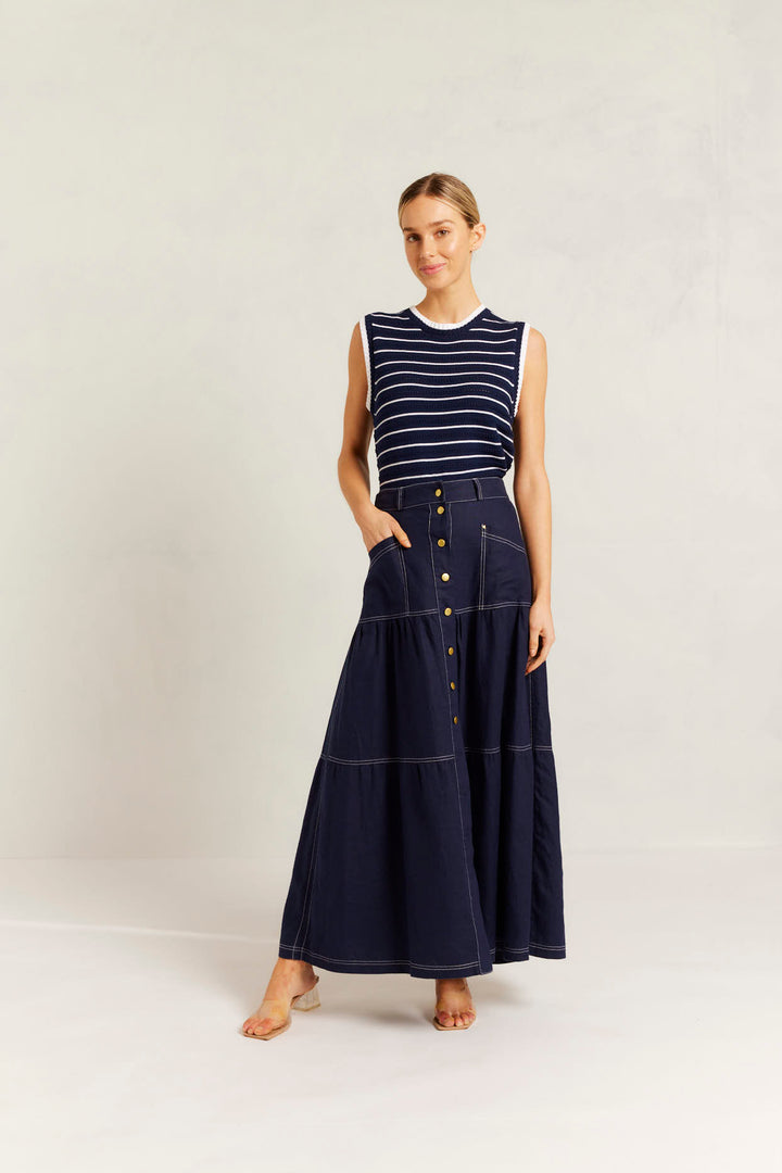 Alessandra | Lotus Linen Skirt | Navy