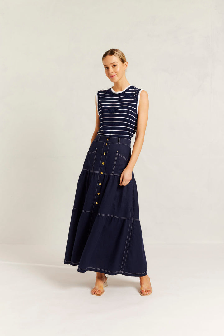 Alessandra | Lotus Linen Skirt | Navy