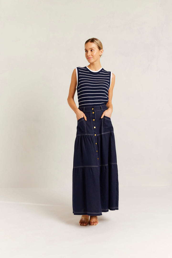 Alessandra | Lotus Linen Skirt | Navy