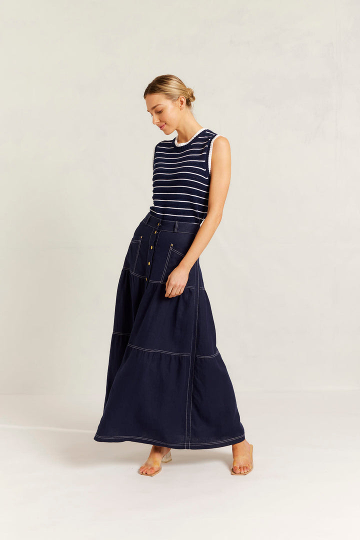 Alessandra | Lotus Linen Skirt | Navy