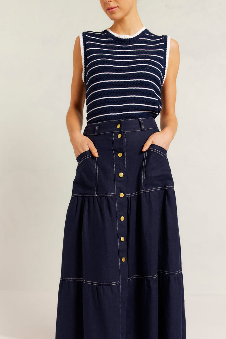 Alessandra | Lotus Linen Skirt | Navy