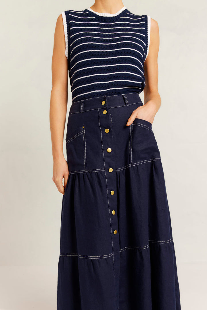 Alessandra | Lotus Linen Skirt | Navy