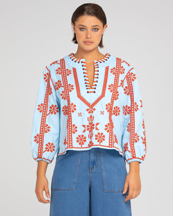 Boom Shankar | Bella Top - Embroidered | Blue / Rust