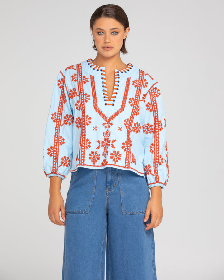 Boom Shankar | Bella Top - Embroidered | Blue / Rust