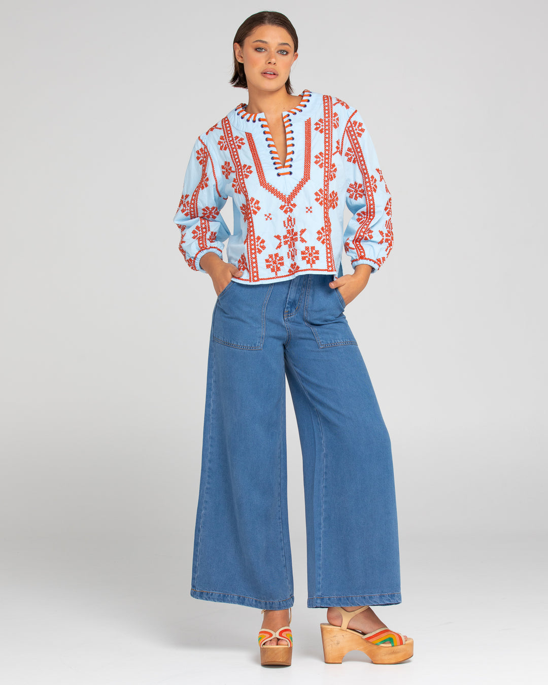 Boom Shankar | Bella Top - Embroidered | Blue / Rust