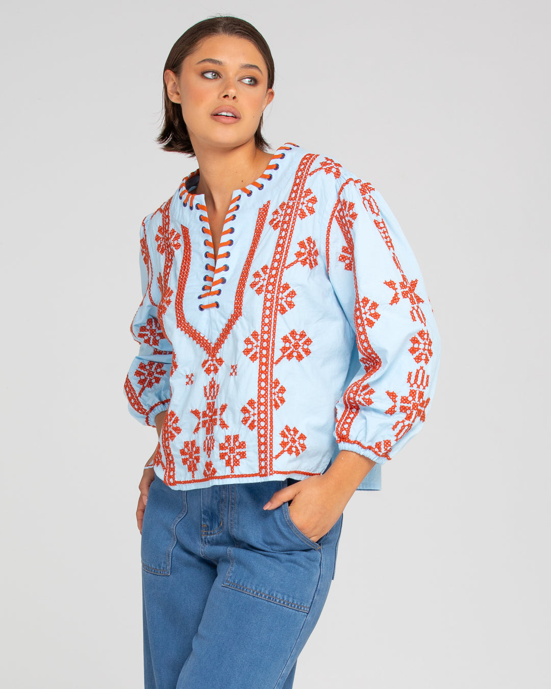 Boom Shankar | Bella Top - Embroidered | Blue / Rust