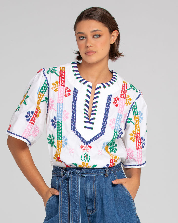 Boom Shankar | Luna Top - Embroidered Multi | White / Multi