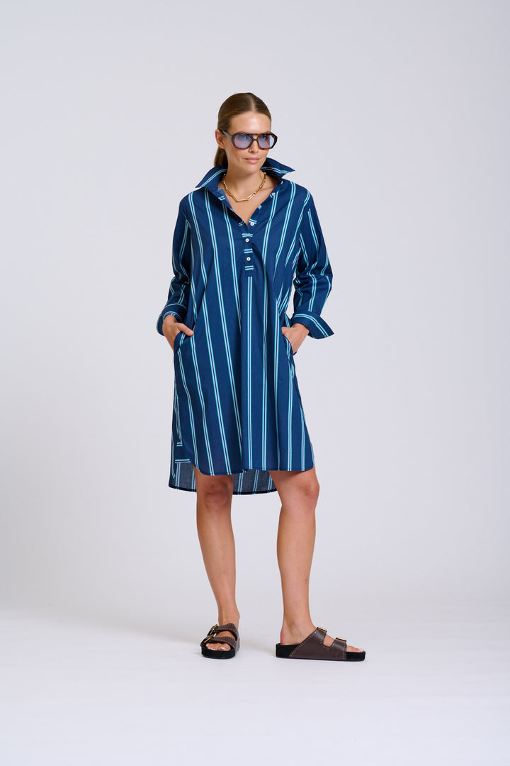 Shirty | The Popover Shirtdress | Navy with Green Stripe