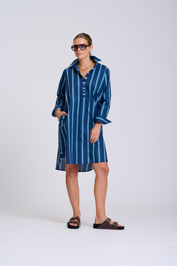 Shirty | The Popover Shirtdress | Navy with Green Stripe