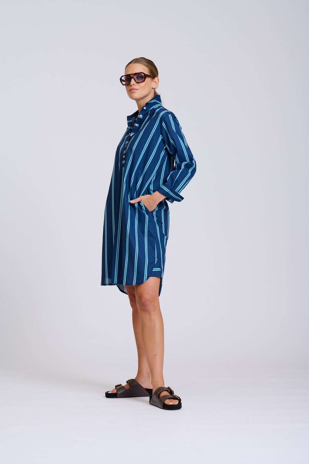 Shirty | The Popover Shirtdress | Navy with Green Stripe