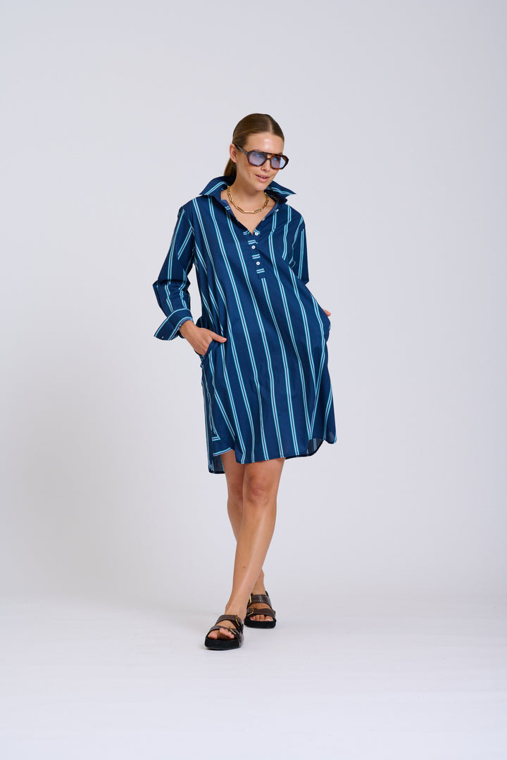 Shirty | The Popover Shirtdress | Navy with Green Stripe