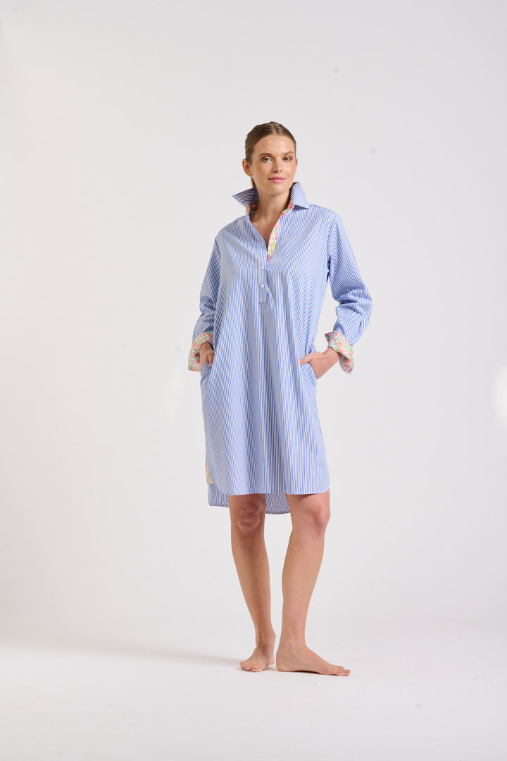 Shirty | The Popover Shirtdress - Mid Blue Stripe / Floral Trim