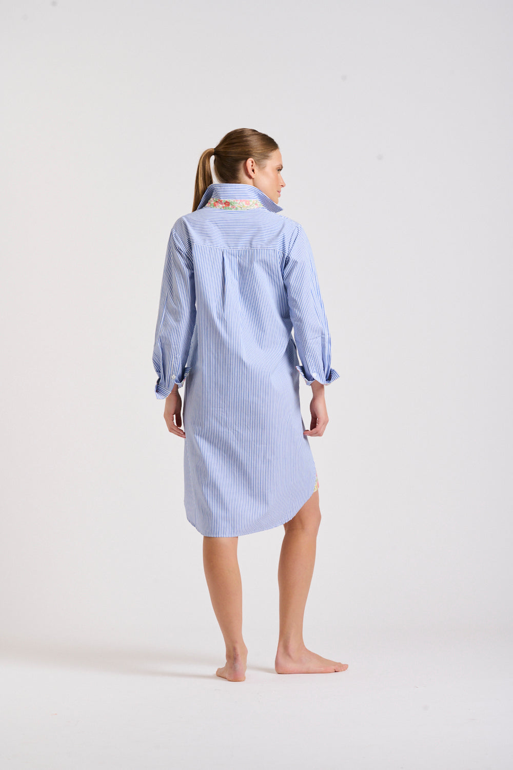 Shirty | The Popover Shirtdress - Mid Blue Stripe / Floral Trim