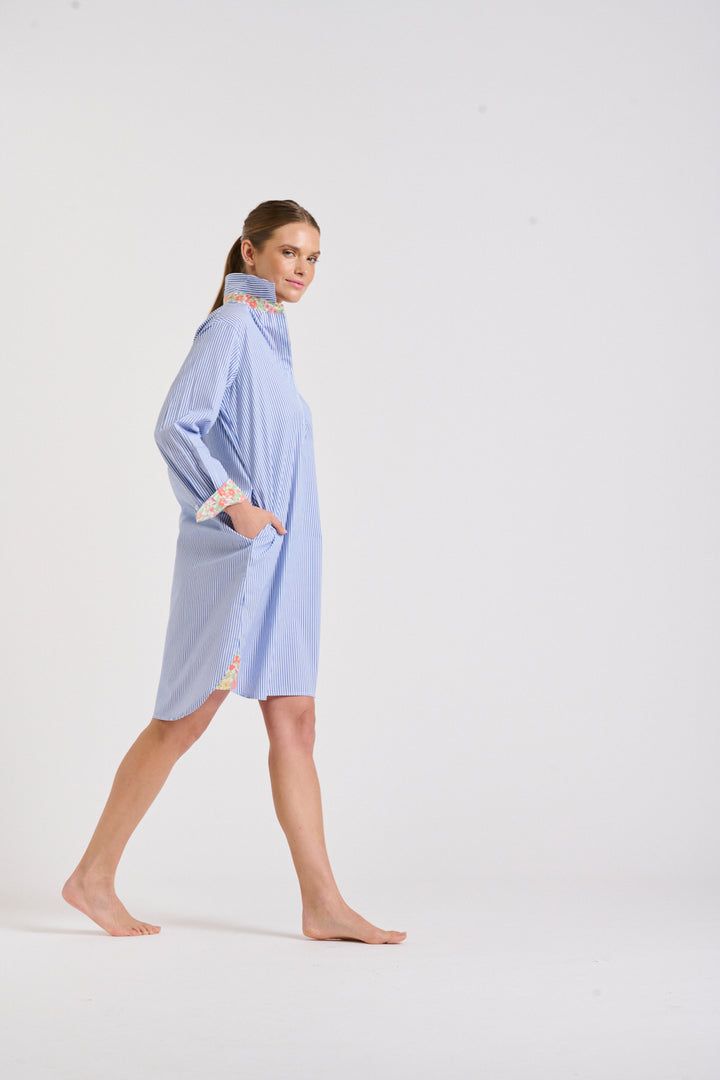 Shirty | The Popover Shirtdress - Mid Blue Stripe / Floral Trim