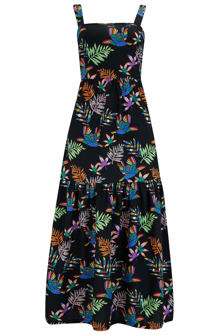 Sugarhill Brighton | Charlotte Maxi Tiered Sundress | Black, Rainbow Toucans