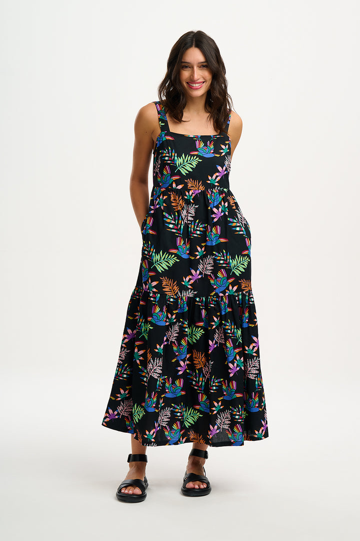 Sugarhill Brighton | Charlotte Maxi Tiered Sundress | Black, Rainbow Toucans