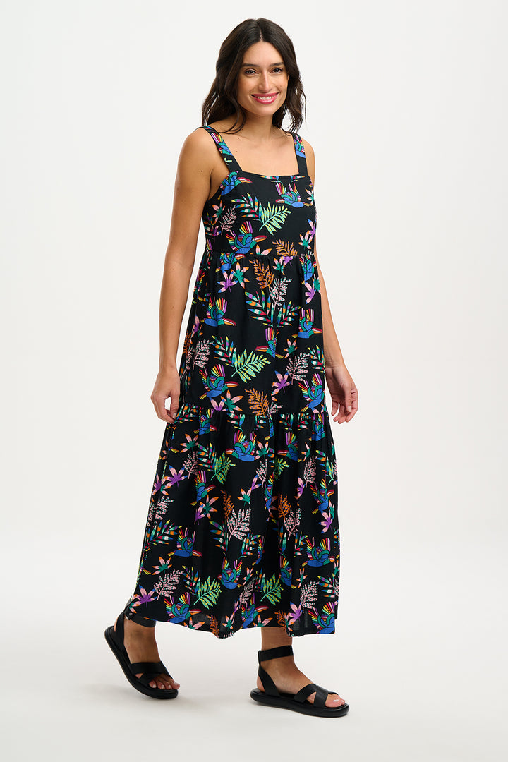 Sugarhill Brighton | Charlotte Maxi Tiered Sundress | Black, Rainbow Toucans