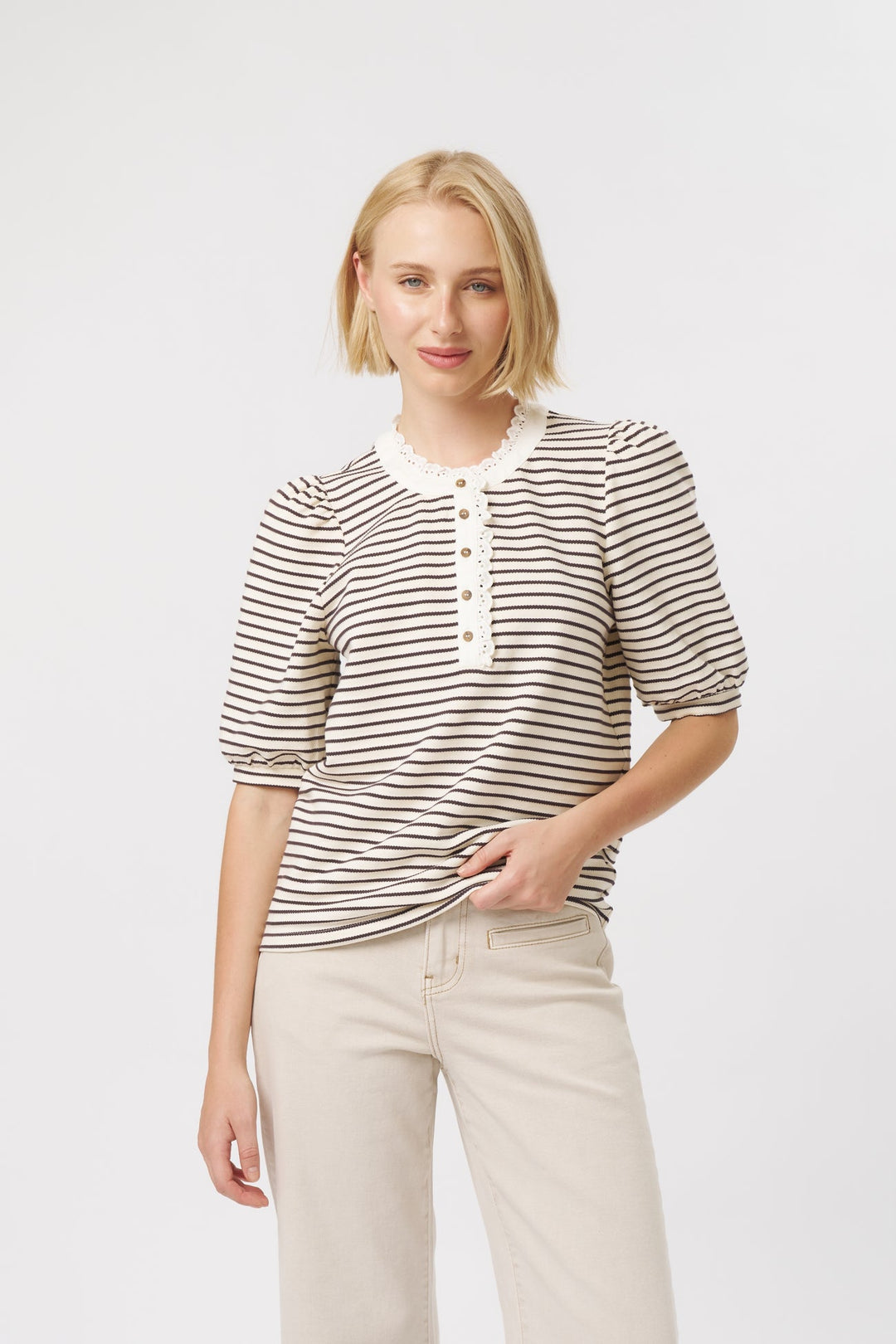 KIREINA | Jacqueline Top - White w/Brown Stripe