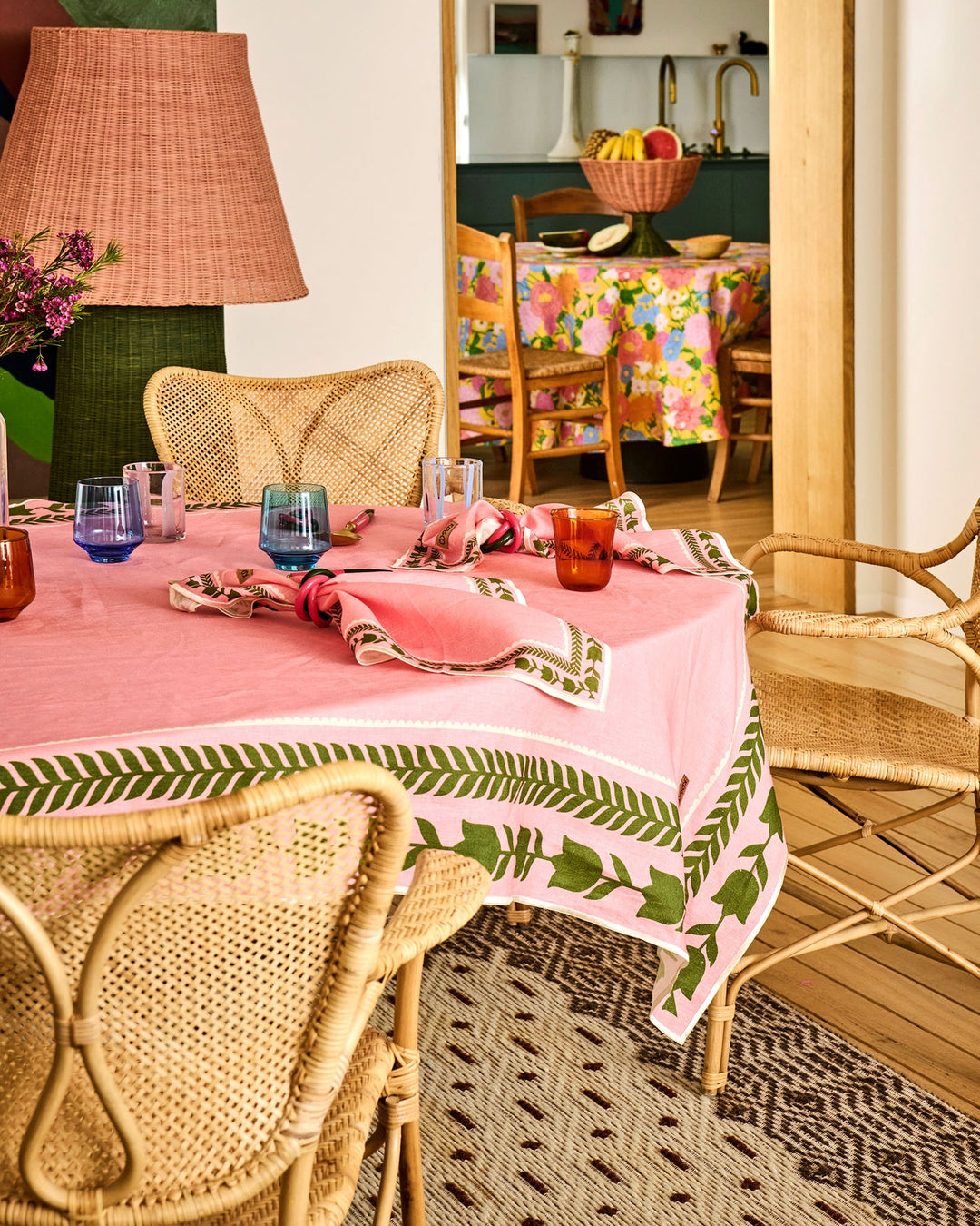 Kip & Co |FLOWER CHAIN EMBROIDERED TABLECLOTH |Large Rectangular 8-10 seater
