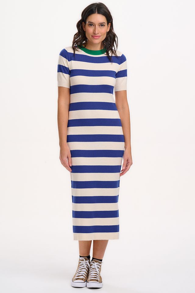 SYBIL MIDI KNIT DRESS - BLUE/WHITE, CONTRAST NECK SYBIL MIDI KNIT DRESS