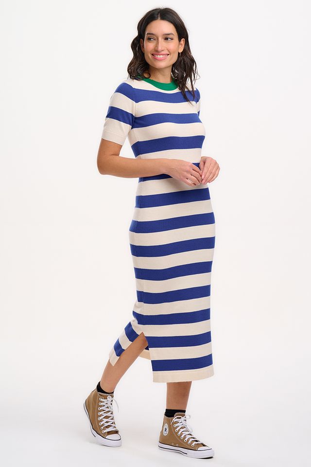 SYBIL MIDI KNIT DRESS - BLUE/WHITE, CONTRAST NECK SYBIL MIDI KNIT DRESS