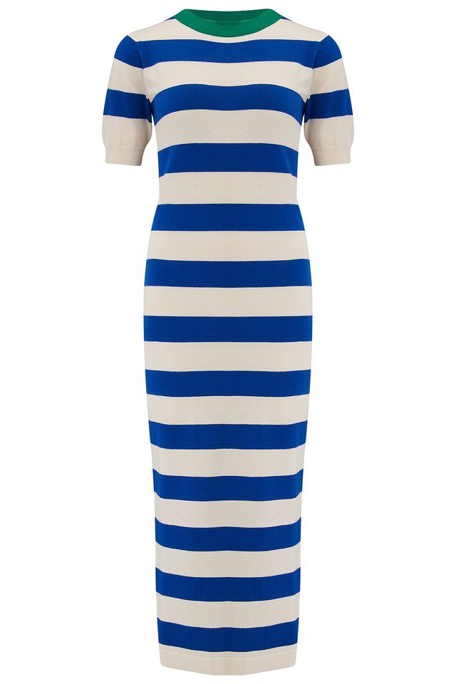 SYBIL MIDI KNIT DRESS - BLUE/WHITE, CONTRAST NECK SYBIL MIDI KNIT DRESS