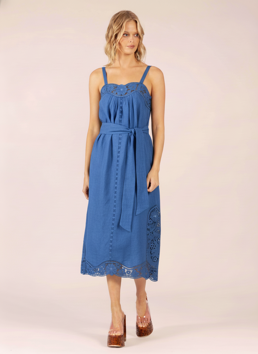 LOLA | Lido Linen & Lace Maxi Dress | Cornflower Blue