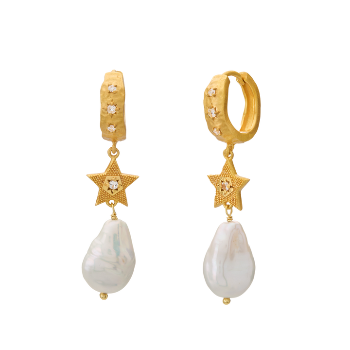 Murkani | Cosmic Love Long Star Earring With Pearl | 18KT Yellow Gold Plate