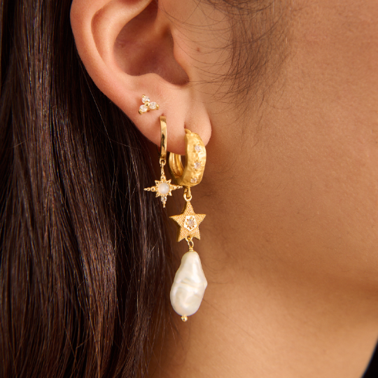 Murkani | Cosmic Love Long Star Earring With Pearl | 18KT Yellow Gold Plate