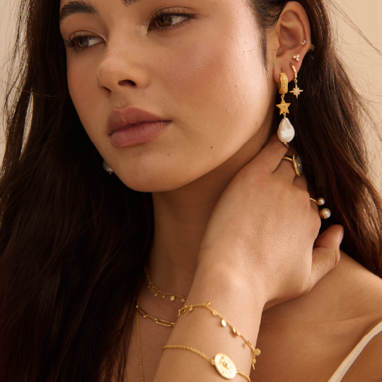 Murkani | Cosmic Love Long Star Earring With Pearl | 18KT Yellow Gold Plate