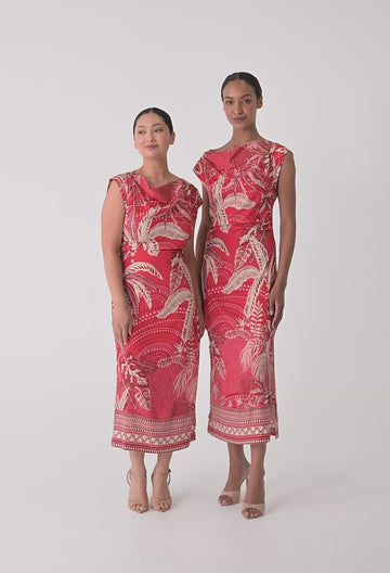 Once Was | PETITE MONIQUE DRAPED NECK CUPRO VISCOSE STRETCH COLUMN DRESS IN CRIMSON PALMS