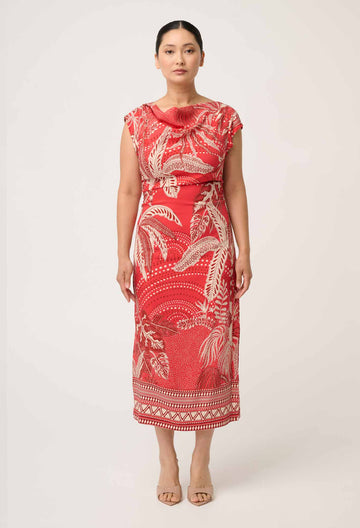Once Was | PETITE MONIQUE DRAPED NECK CUPRO VISCOSE STRETCH COLUMN DRESS IN CRIMSON PALMS
