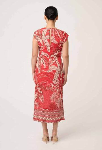 Once Was | PETITE MONIQUE DRAPED NECK CUPRO VISCOSE STRETCH COLUMN DRESS IN CRIMSON PALMS