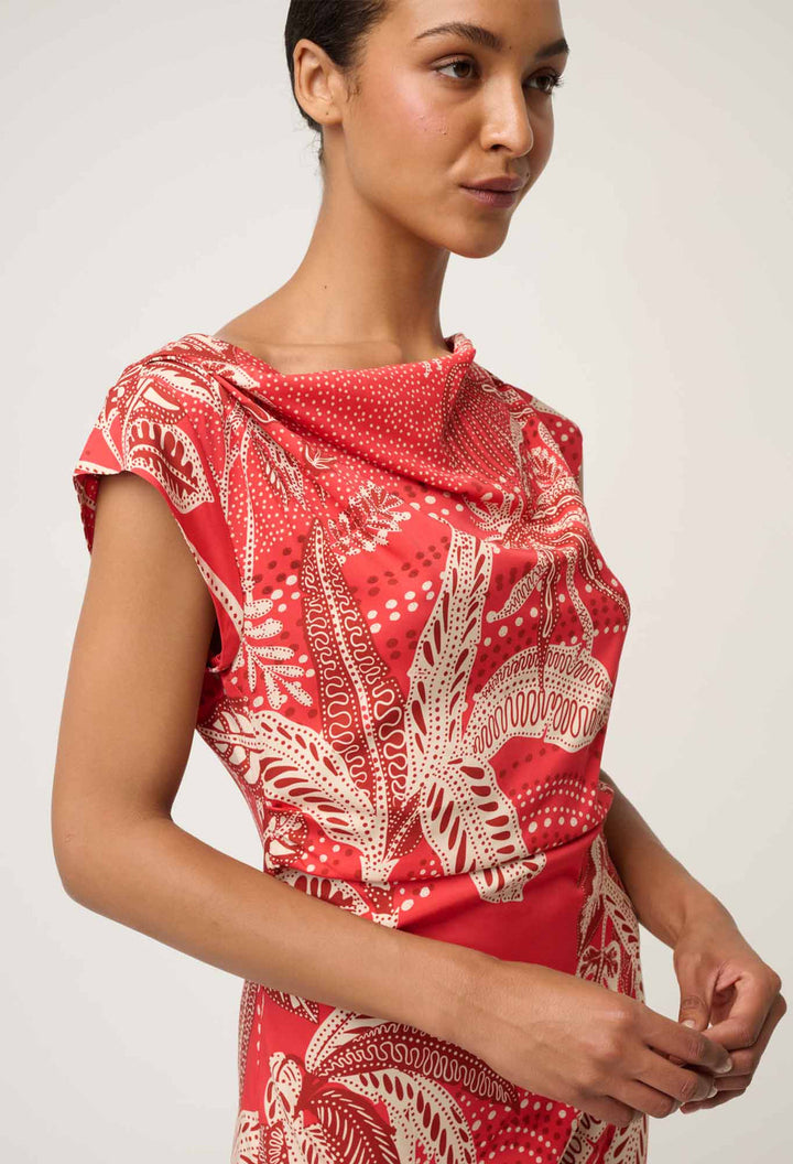 Once Was | PETITE MONIQUE DRAPED NECK CUPRO VISCOSE STRETCH COLUMN DRESS IN CRIMSON PALMS
