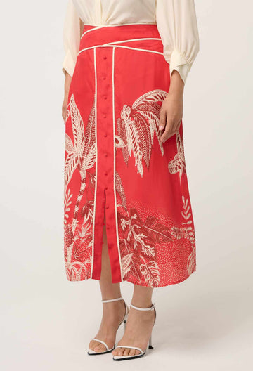 PETITE HARPER VISCOSE FAILLE PRINT CRISS CROSS WAIST PANEL SKIRT IN CRIMSON PALMS